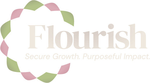 Flourish logo with circle ornament and tagline reading 'Secure Growth. Purposeful Impact.'